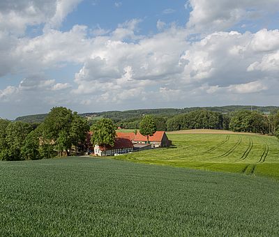 Ausblick auf eine schöne Landschaft mit einem Hof